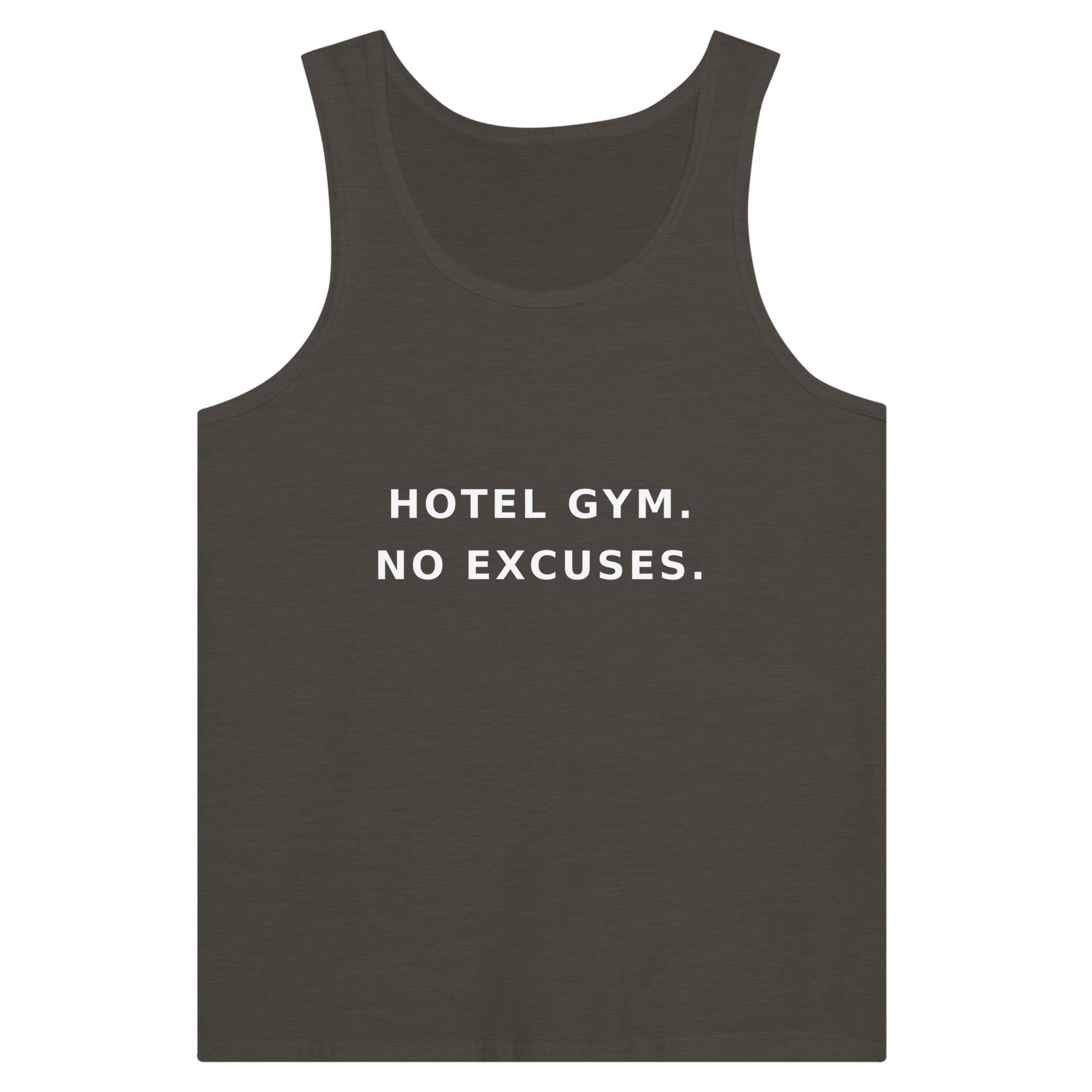 men's premium travel tank with white Hotel Gym. No Excuses. statement print for hotel gym sessions
