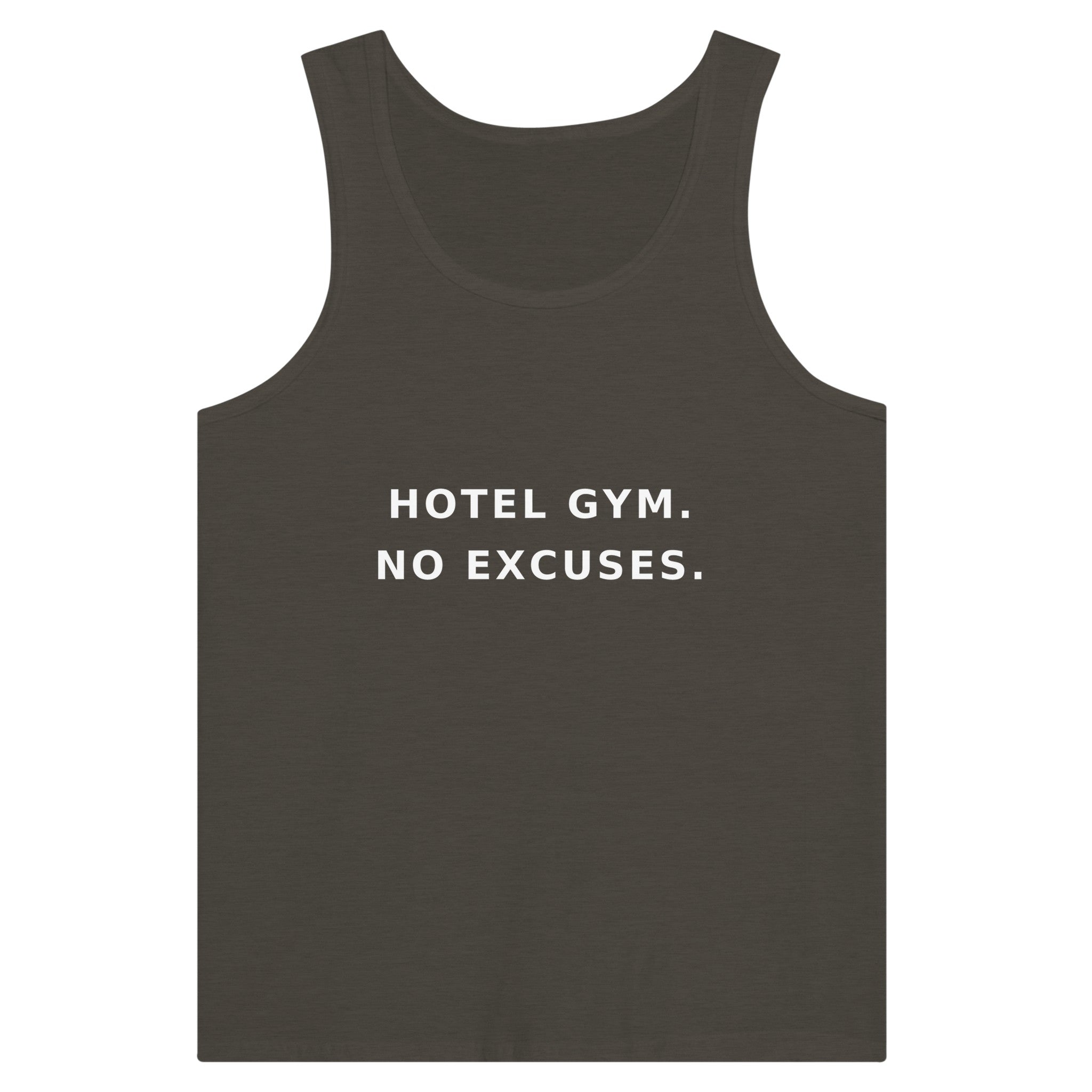men's premium travel tank with white Hotel Gym. No Excuses. statement print for hotel gym sessions