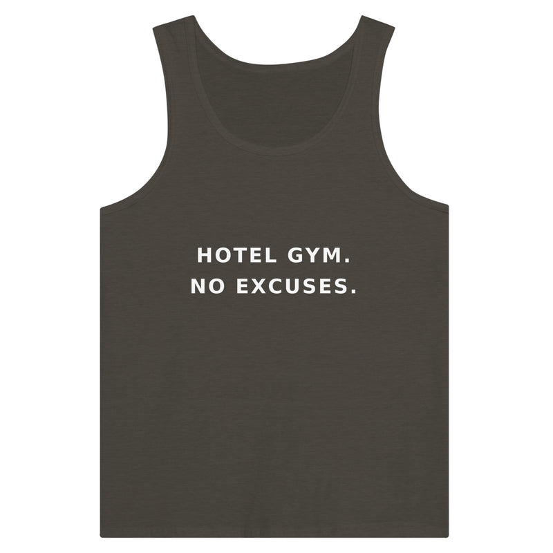 men's premium travel tank with white Hotel Gym. No Excuses. statement print for hotel gym sessions