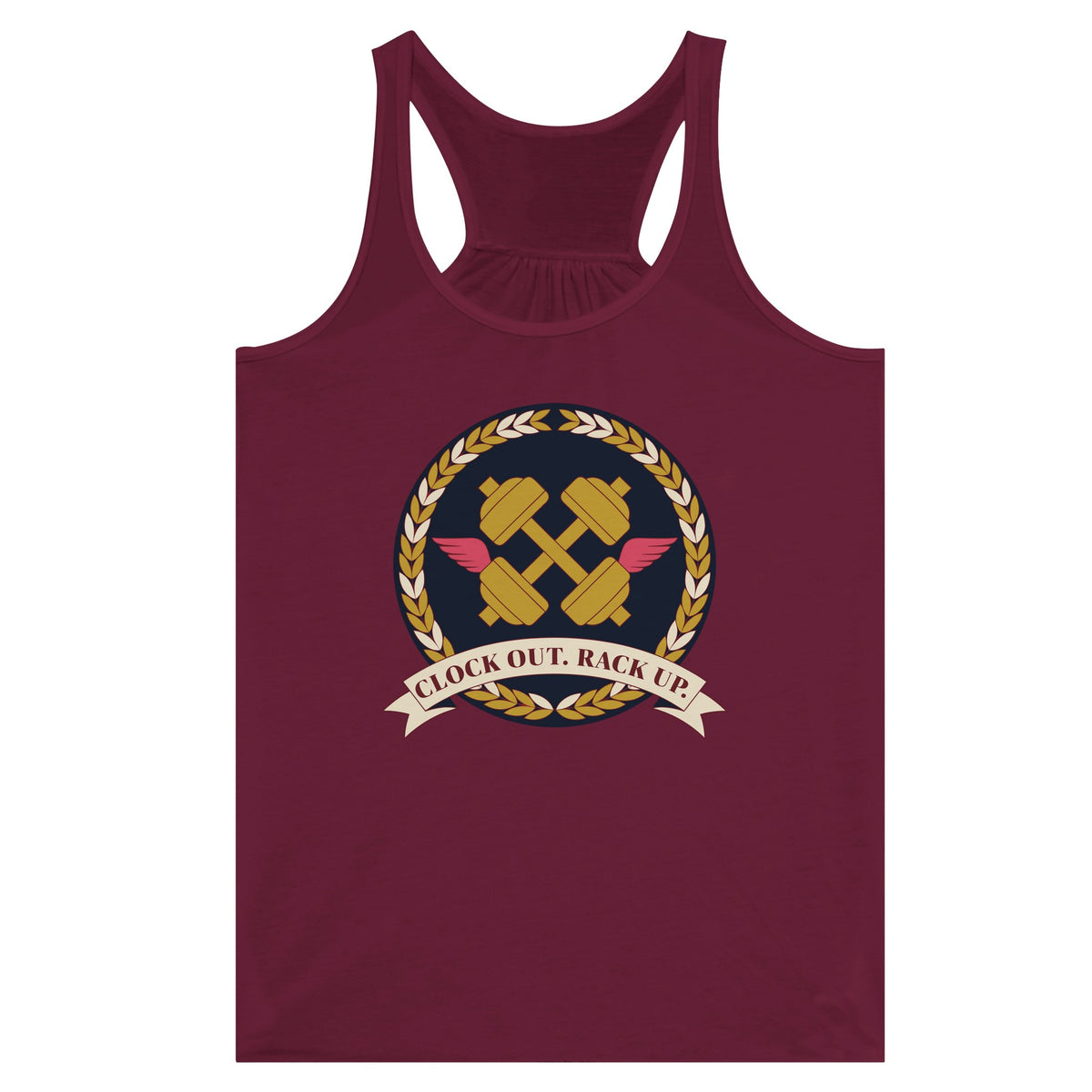 Clock Out. Rack Up. crest design on a Dumbbells and Hotels women's racerback tank