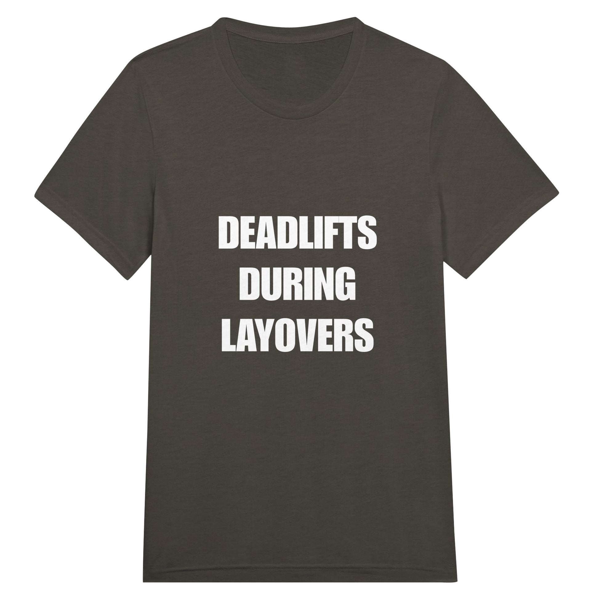 Deadlifts During Layovers travel workout tee — road warrior training in the hotel gym | Dumbbells & Hotels