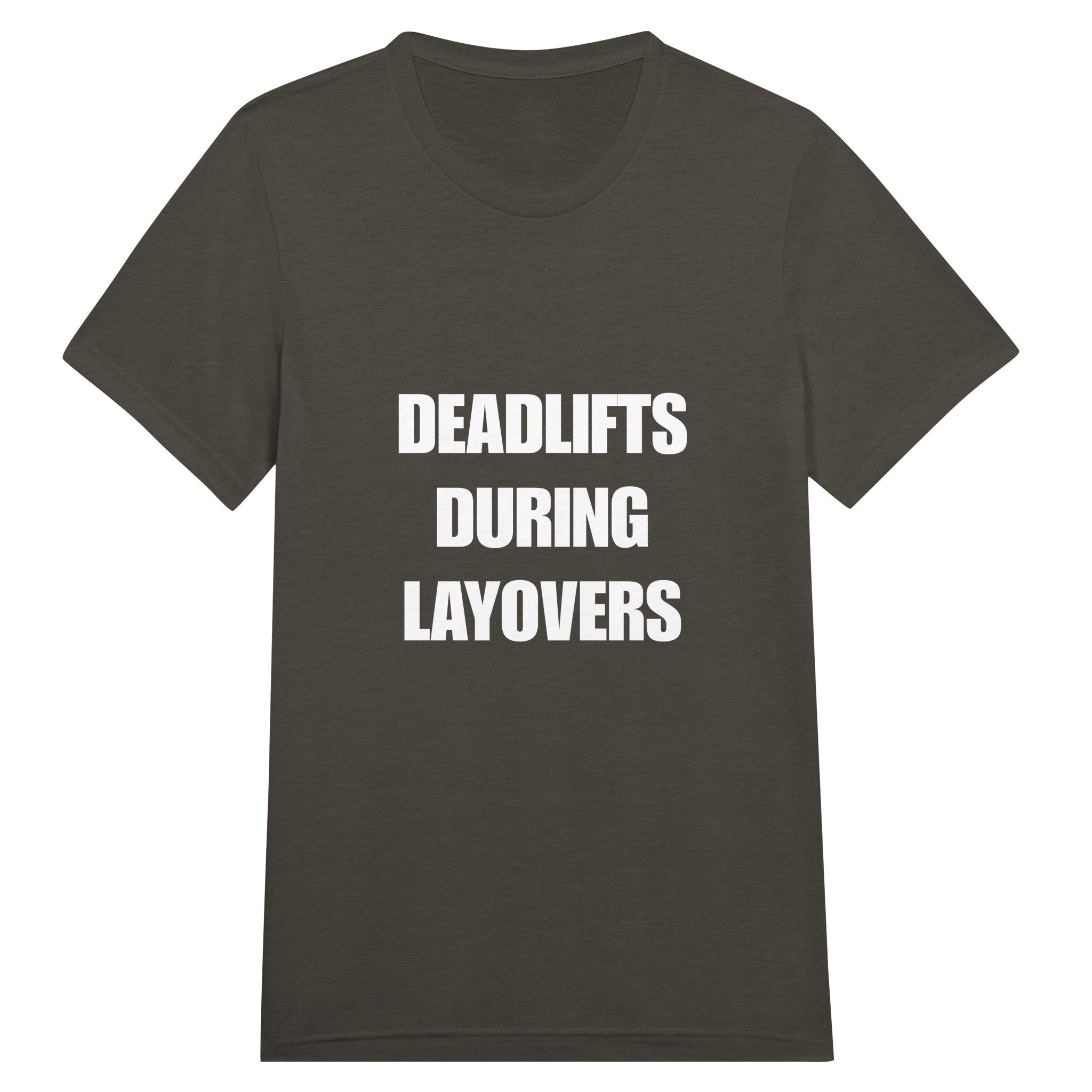Deadlifts During Layovers travel workout tee — road warrior training in the hotel gym | Dumbbells & Hotels