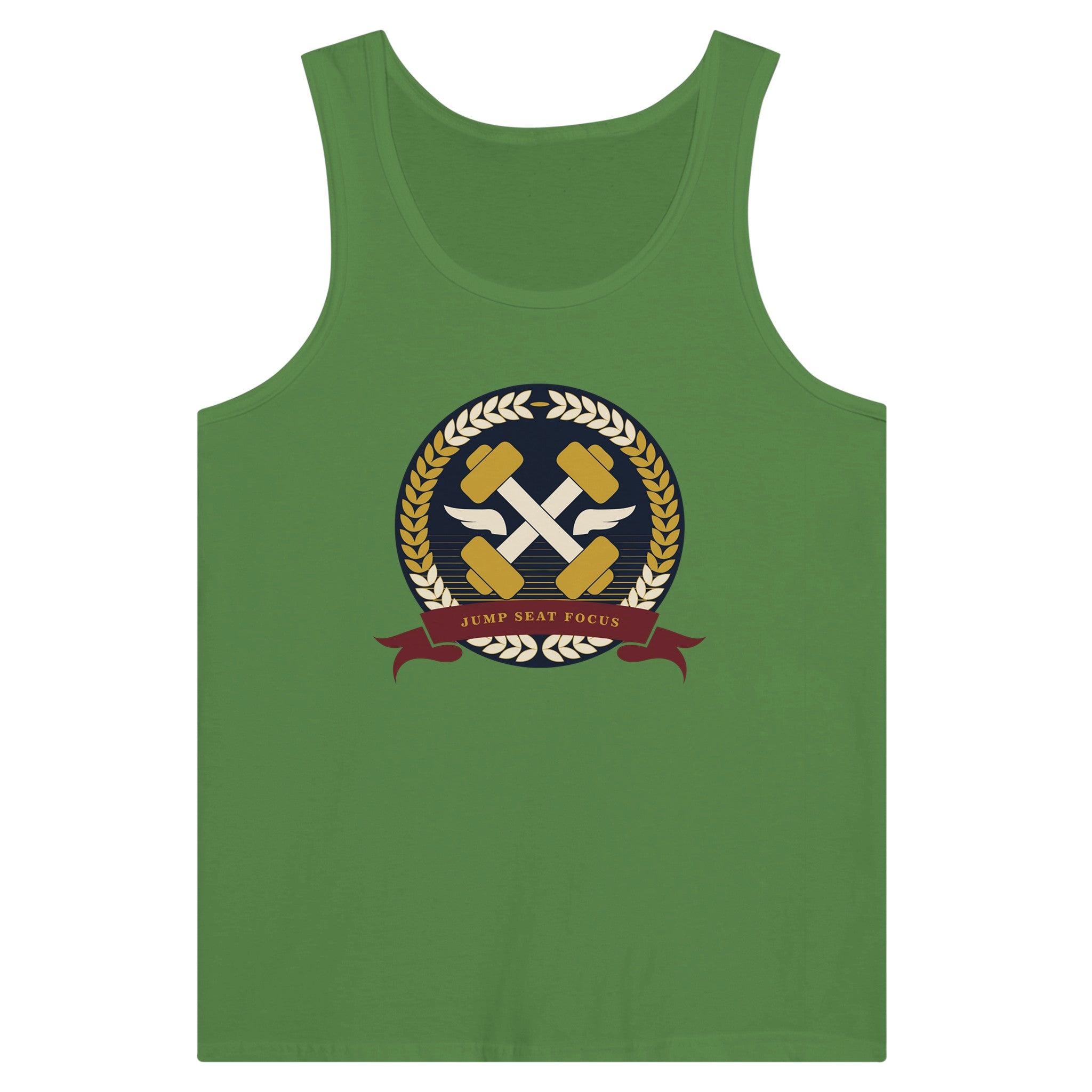 Dumbbells & Hotels unisex tank top with the Jump Seat Focus crest (gold laurel ring, crossed dumbbells over aviator wings, burgundy ribbon) - product shot 5 of 18