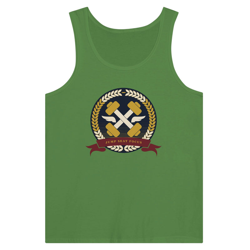 Dumbbells & Hotels unisex tank top with the Jump Seat Focus crest (gold laurel ring, crossed dumbbells over aviator wings, burgundy ribbon) - product shot 5 of 18