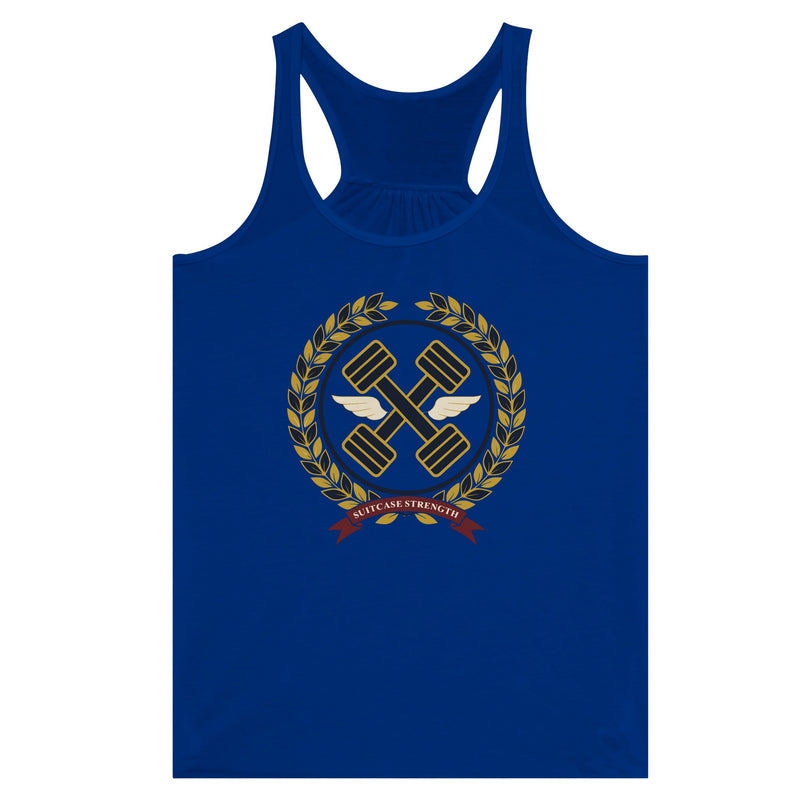 Suitcase Strength women's flowy racerback tank for travelling professionals, printed with a gold laurel-wreath crest with navy crossed dumbbells, cream aviator wings and a SUITCASE STRENGTH ribbon — product photo 3 of 13