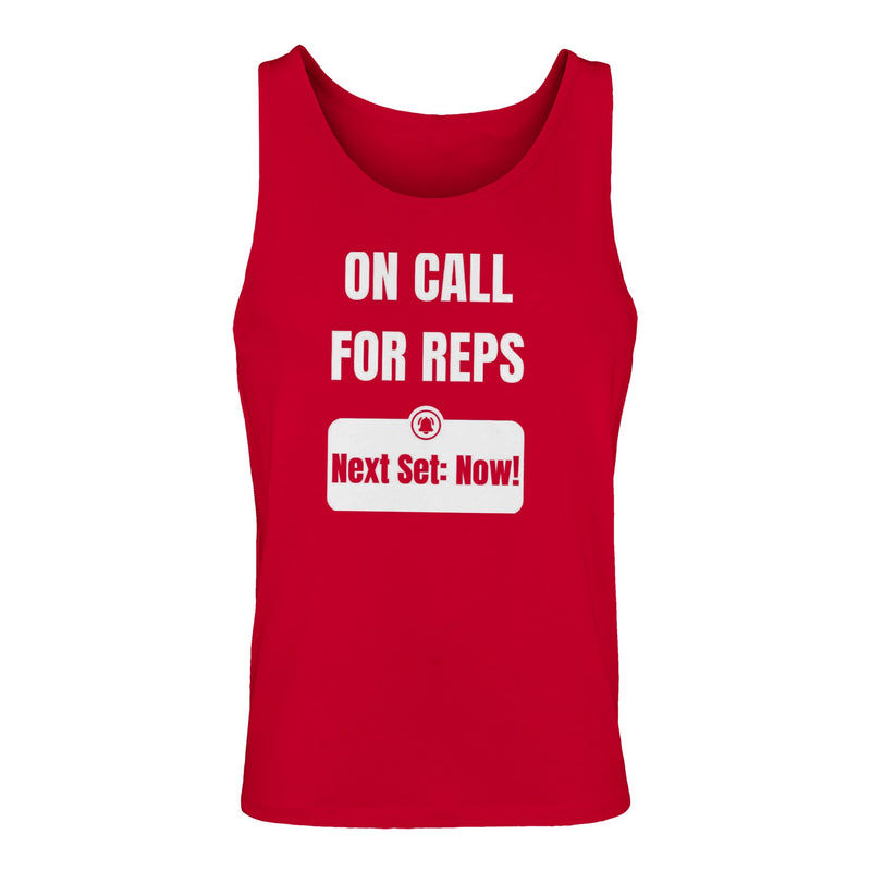 unisex premium travel tank with white On Call for Reps notification graphic reading Next Set: Now!