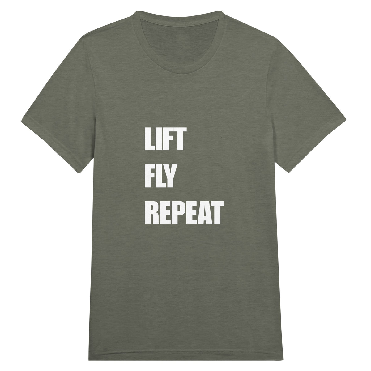 Lift Fly Repeat unisex triblend tee for travelling professionals, printed with a laurel-wreath crest with crossed dumbbells, aviator wings and a LIFT. FLY. REPEAT. ribbon — product photo 14 of 19