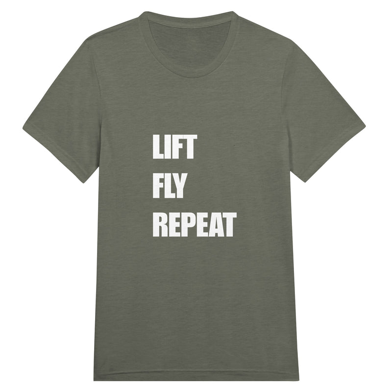 Lift Fly Repeat unisex triblend tee for travelling professionals, printed with a laurel-wreath crest with crossed dumbbells, aviator wings and a LIFT. FLY. REPEAT. ribbon — product photo 14 of 19