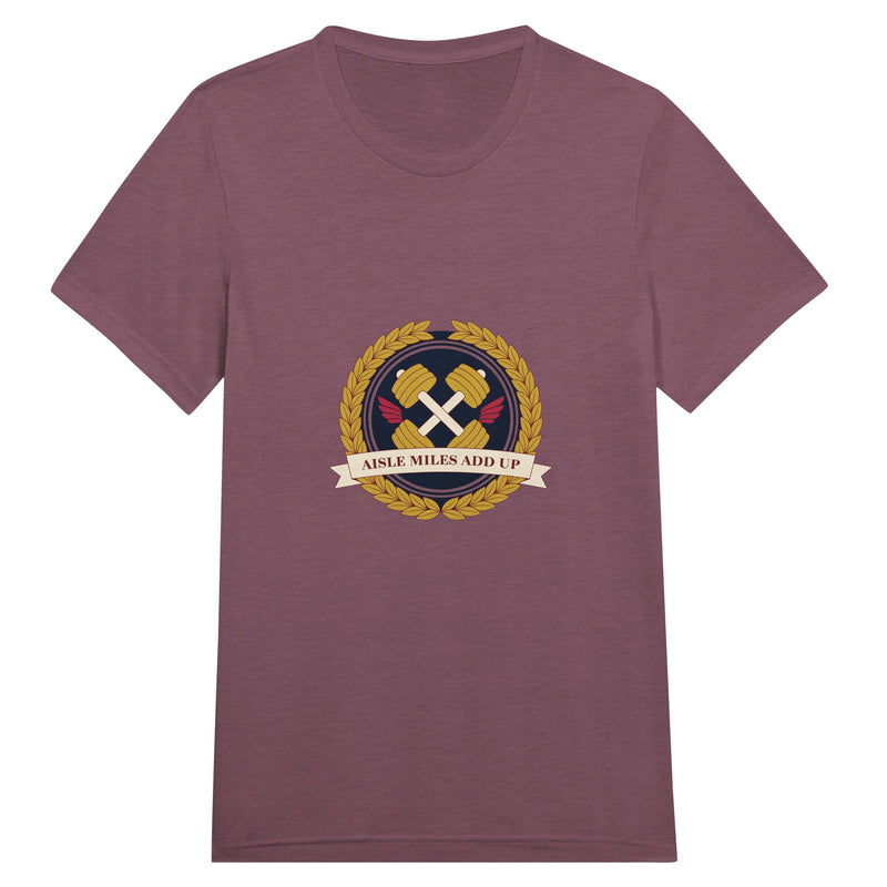 Aisle Miles Add Up frequent flyer travel tee, detail view 6 — Dumbbells & Hotels