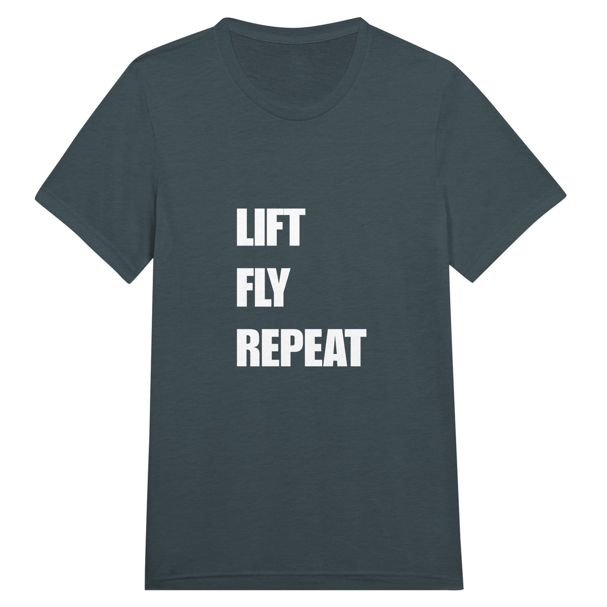 Lift Fly Repeat unisex triblend tee for travelling professionals, printed with a laurel-wreath crest with crossed dumbbells, aviator wings and a LIFT. FLY. REPEAT. ribbon — product photo 11 of 19