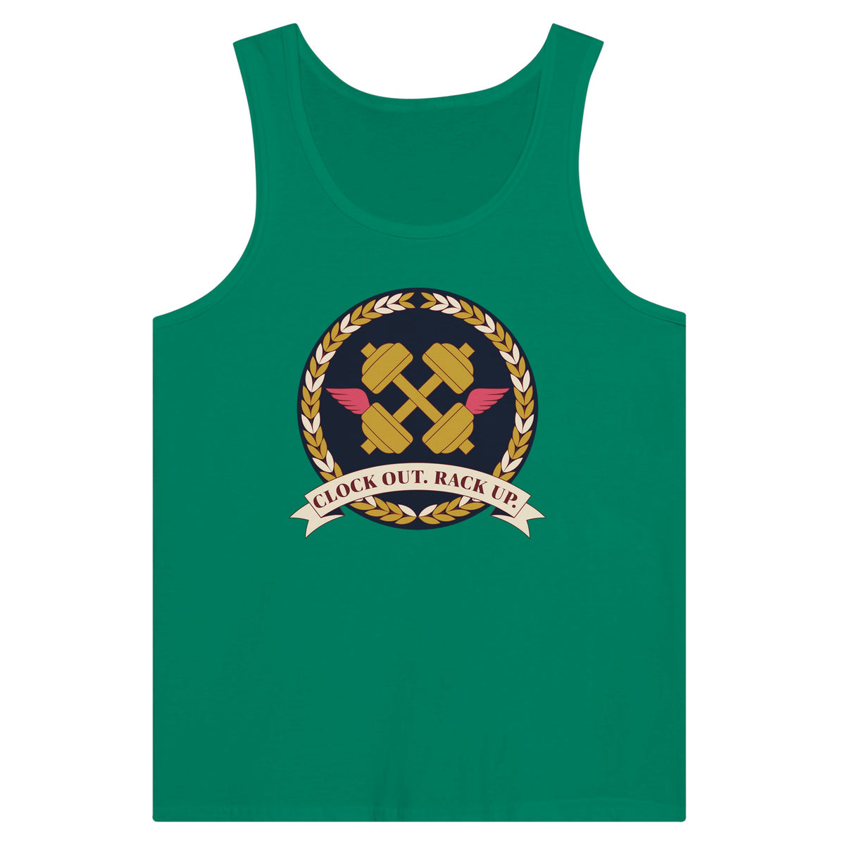 Clock Out. Rack Up. crest design on a Dumbbells and Hotels unisex tank top