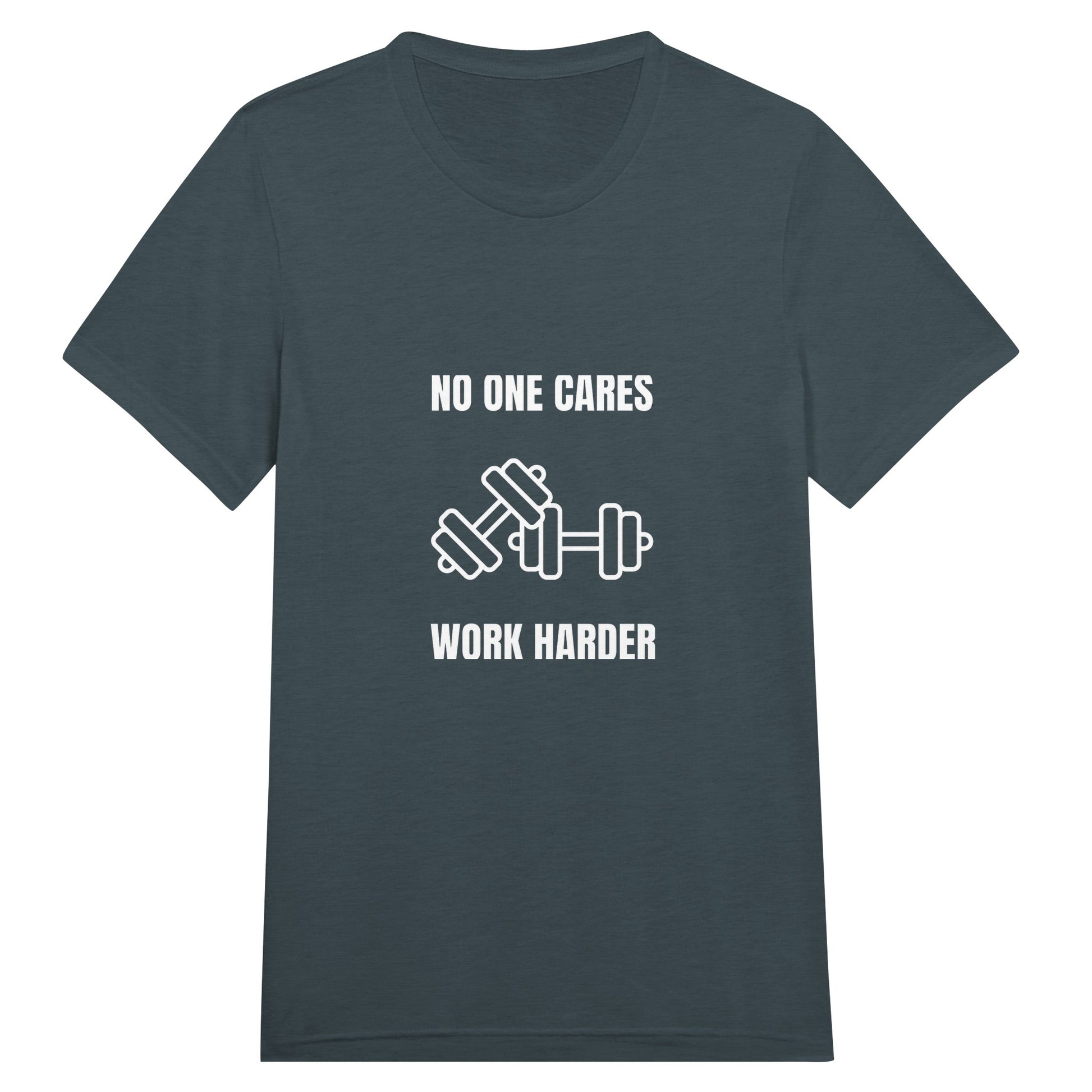 unisex triblend travel tee with white No One Cares. Work Harder. crossed-dumbbells print, styled for hotel gym training
