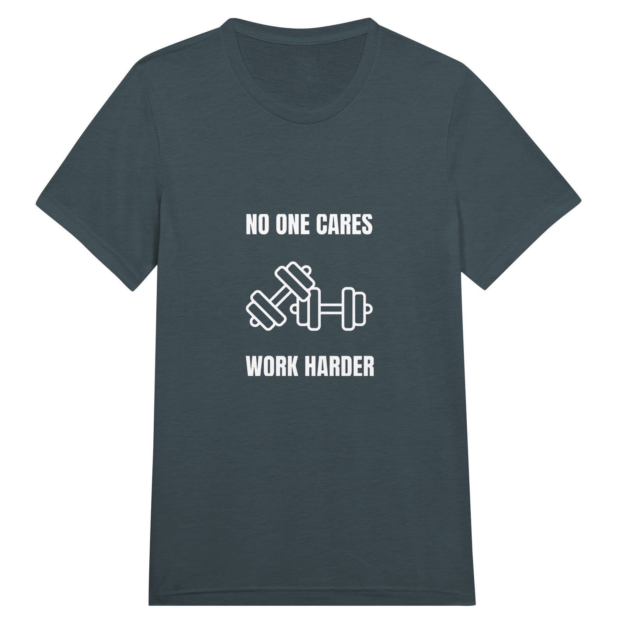 unisex triblend travel tee with white No One Cares. Work Harder. crossed-dumbbells print, styled for hotel gym training