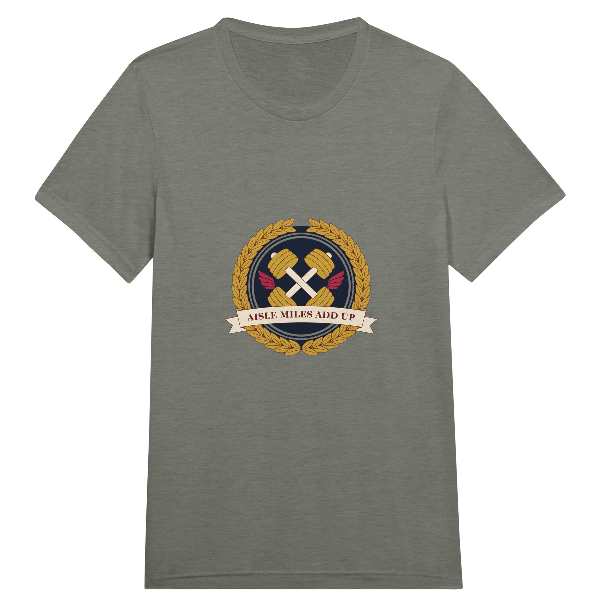 Aisle Miles Add Up frequent flyer travel tee, front view 1 — Dumbbells & Hotels