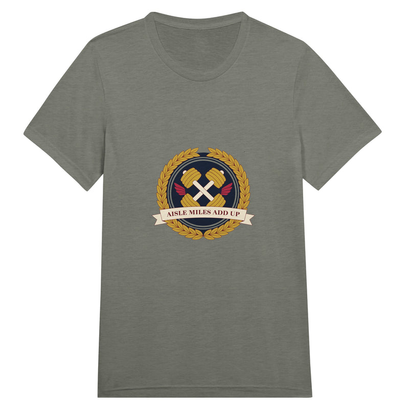 Aisle Miles Add Up frequent flyer travel tee, front view 1 — Dumbbells & Hotels