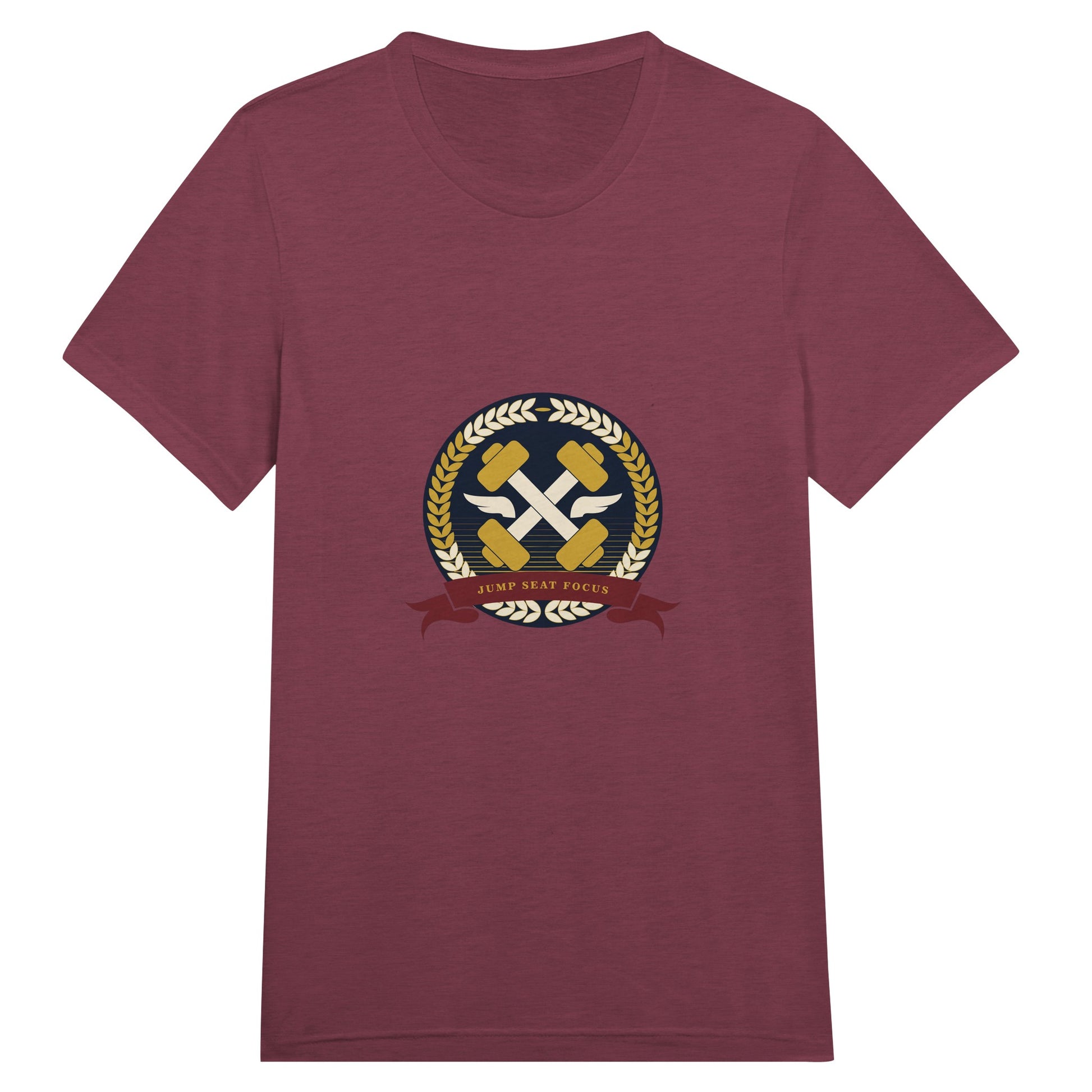 Dumbbells & Hotels unisex triblend tee with the Jump Seat Focus crest (gold laurel ring, crossed dumbbells over aviator wings, burgundy ribbon) - product shot 12 of 19