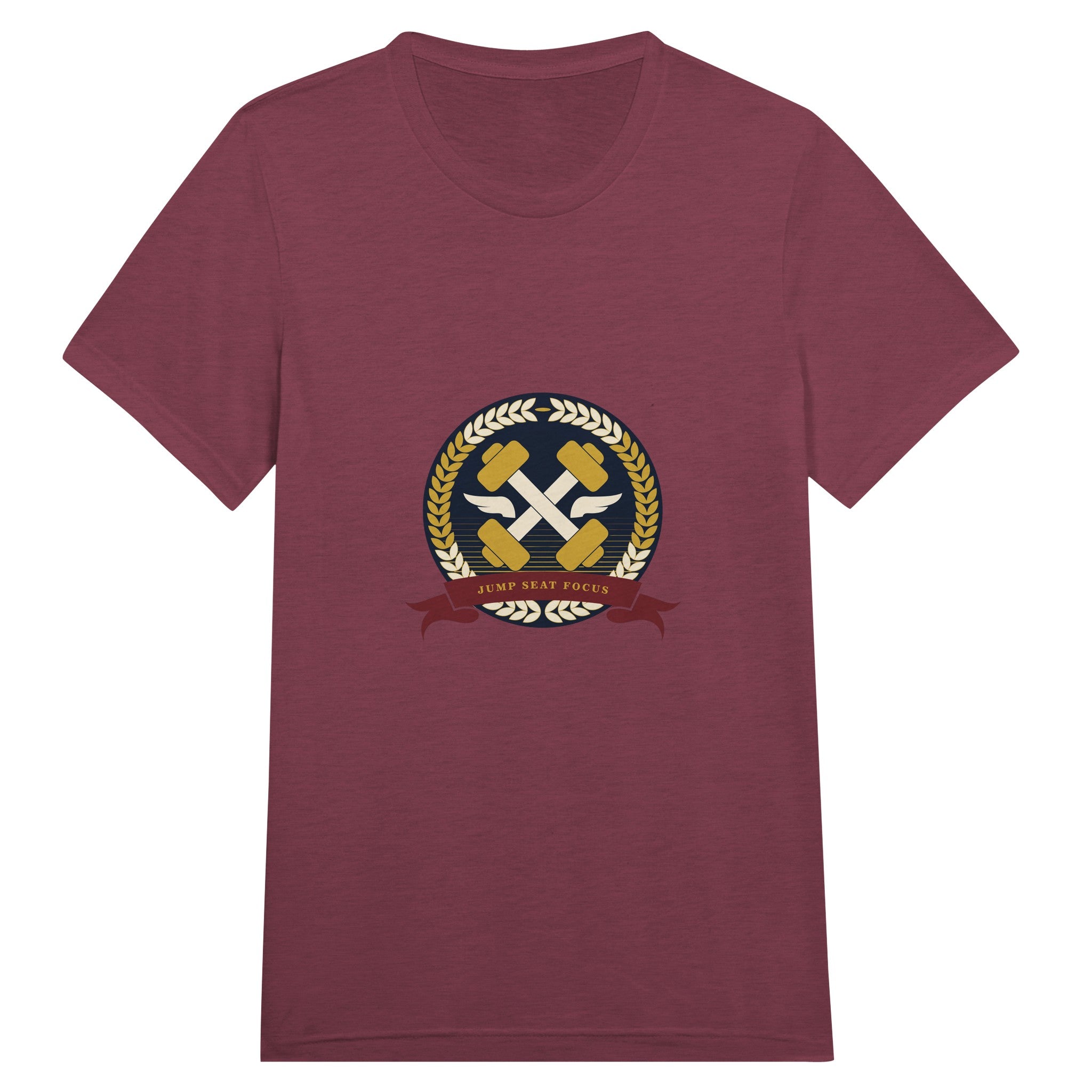 Dumbbells & Hotels unisex triblend tee with the Jump Seat Focus crest (gold laurel ring, crossed dumbbells over aviator wings, burgundy ribbon) - product shot 12 of 19