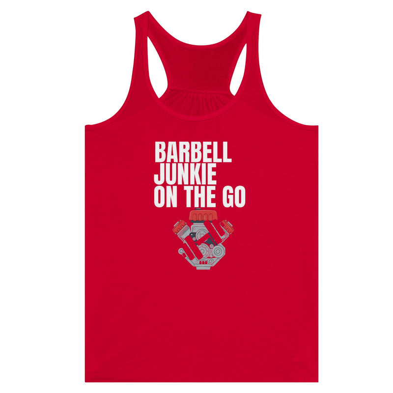 Barbell Junkie on the Go women's travel racerback tank by Dumbbells & Hotels — road warrior gym apparel