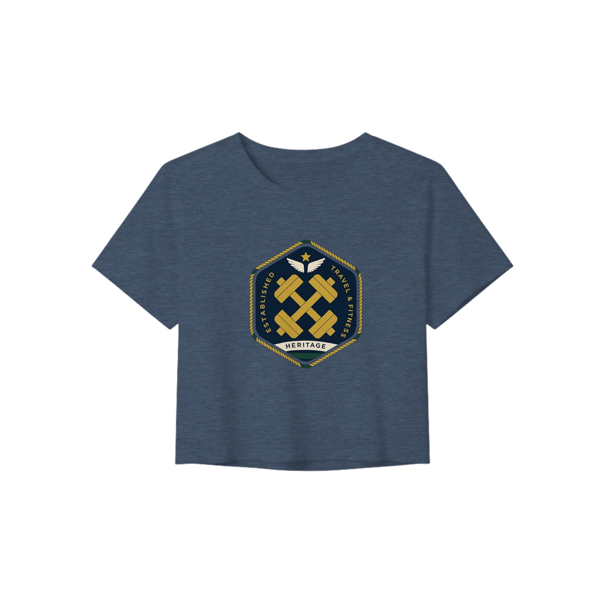 Heritage Standard crest-emblem travel crop tee, Dumbbells & Hotels road warrior apparel