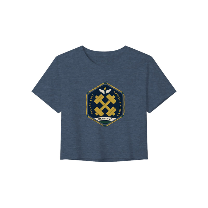 Heritage Standard crest-emblem travel crop tee, Dumbbells & Hotels road warrior apparel