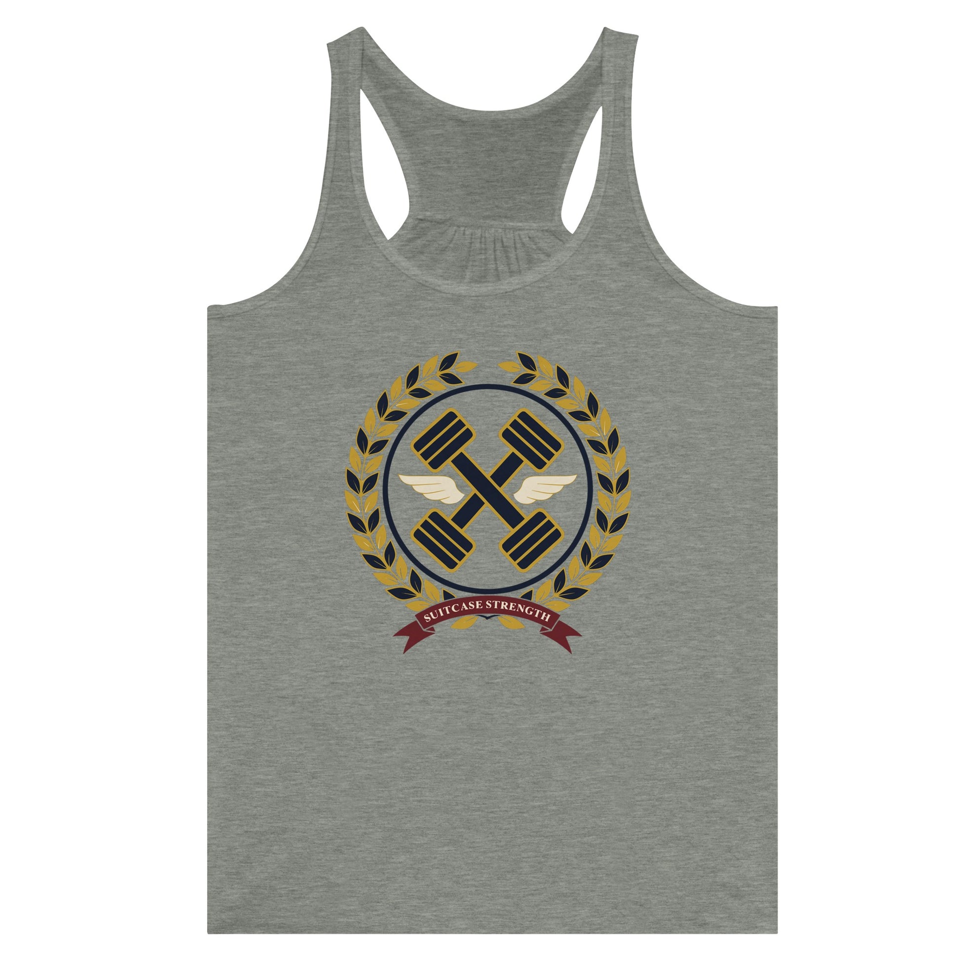 Suitcase Strength women's flowy racerback tank for travelling professionals, printed with a gold laurel-wreath crest with navy crossed dumbbells, cream aviator wings and a SUITCASE STRENGTH ribbon — product photo 1 of 13