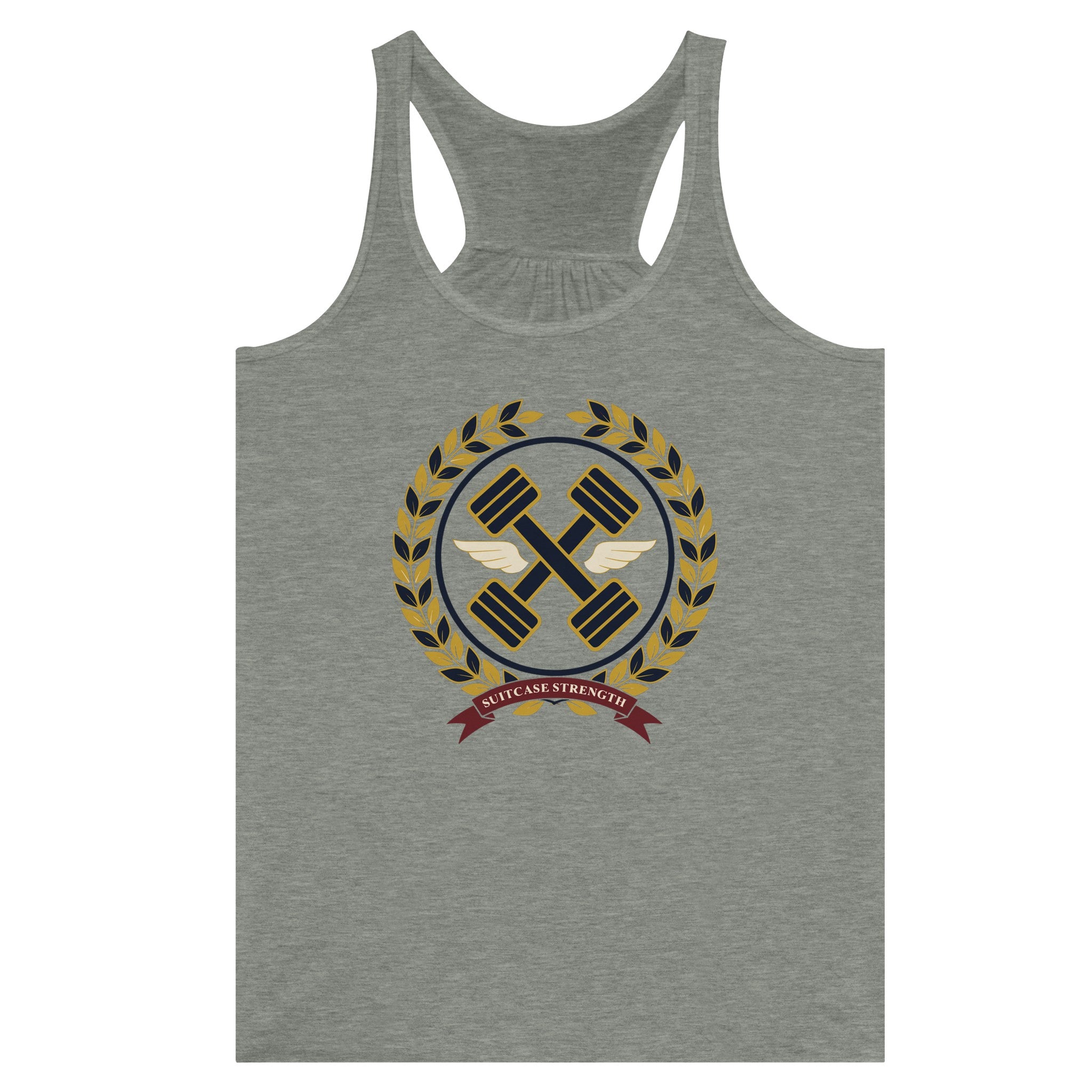 Suitcase Strength women's flowy racerback tank for travelling professionals, printed with a gold laurel-wreath crest with navy crossed dumbbells, cream aviator wings and a SUITCASE STRENGTH ribbon — product photo 1 of 13