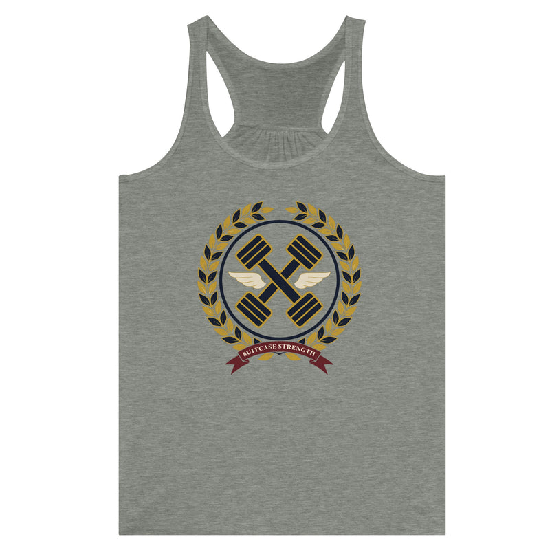Suitcase Strength women's flowy racerback tank for travelling professionals, printed with a gold laurel-wreath crest with navy crossed dumbbells, cream aviator wings and a SUITCASE STRENGTH ribbon — product photo 1 of 13