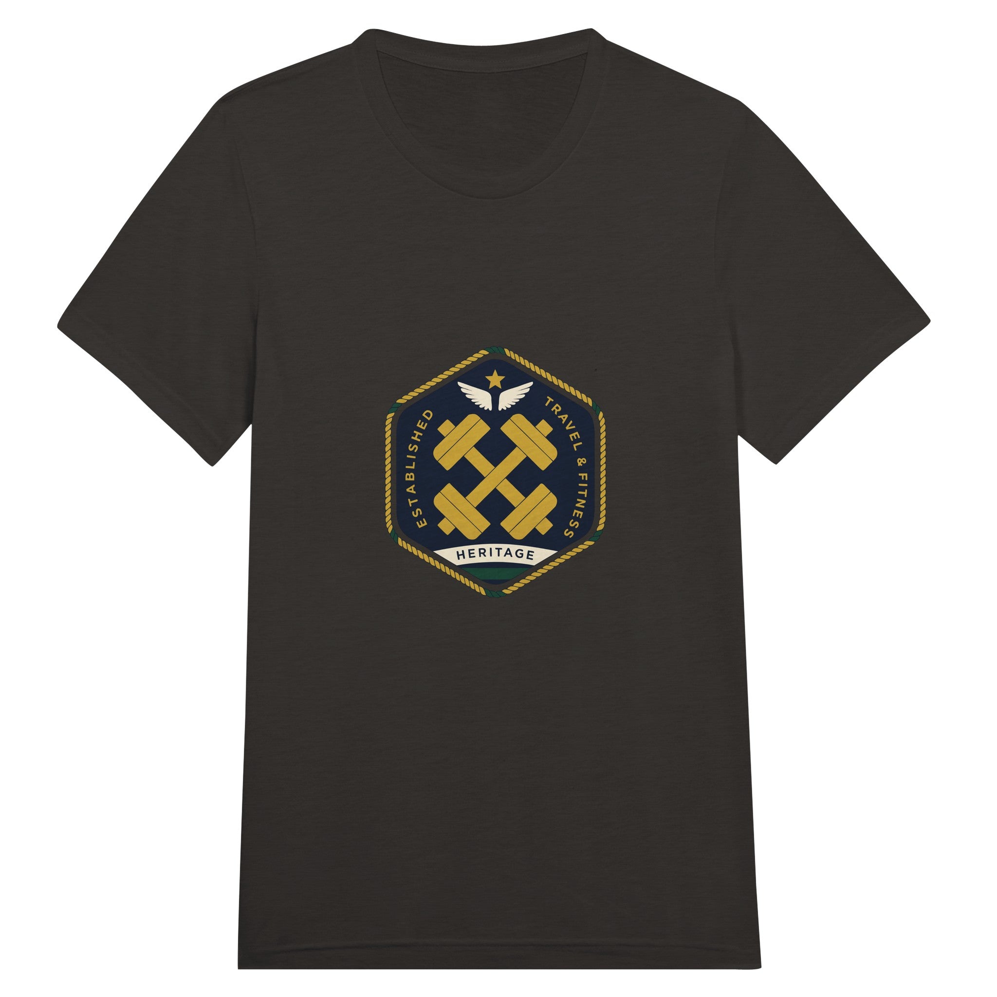 Heritage Standard crest-emblem travel tee, Dumbbells & Hotels road warrior apparel