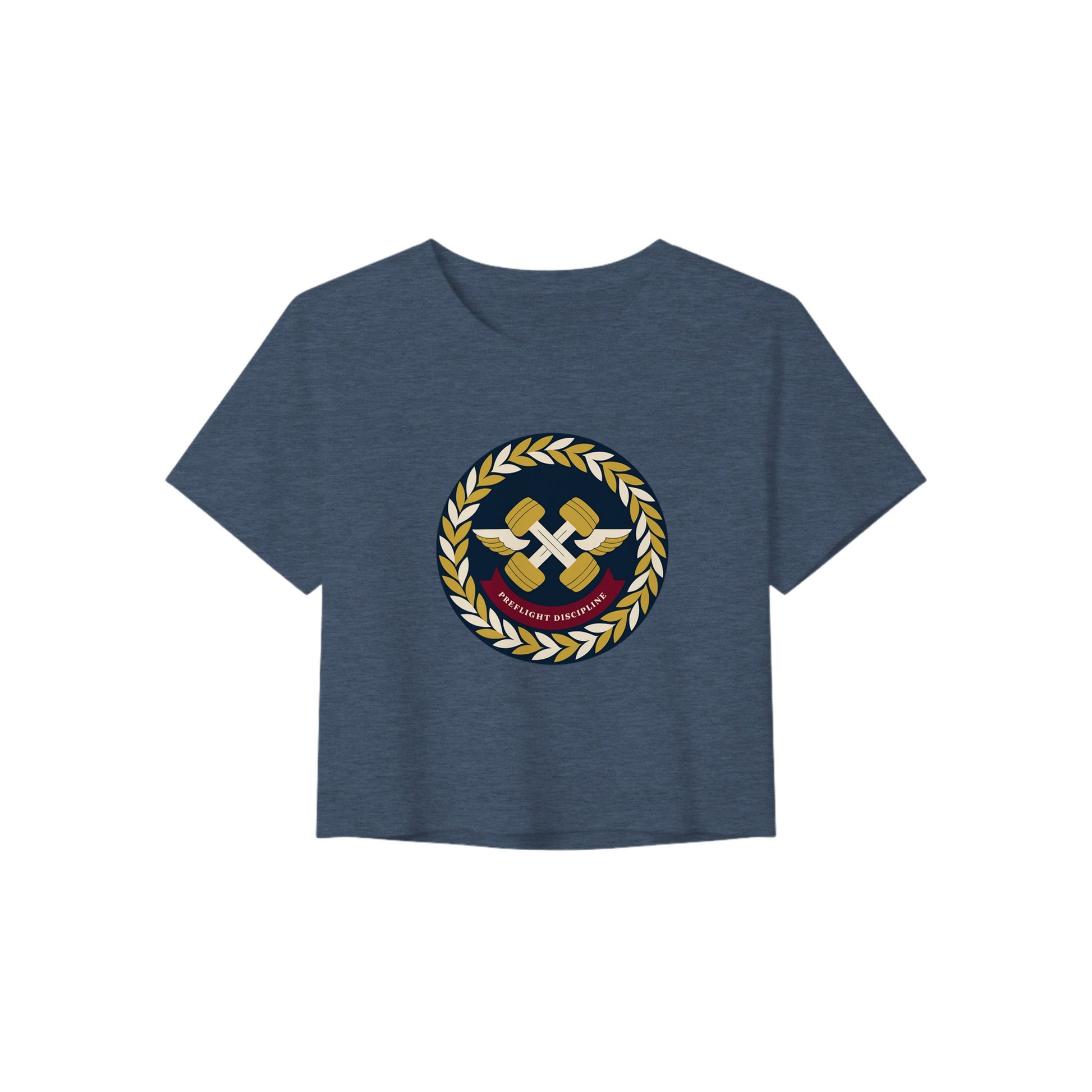 Preflight Discipline winged-dumbbell crest with laurel wreath on a women's crop tee by Dumbbells & Hotels — view 4 of 7