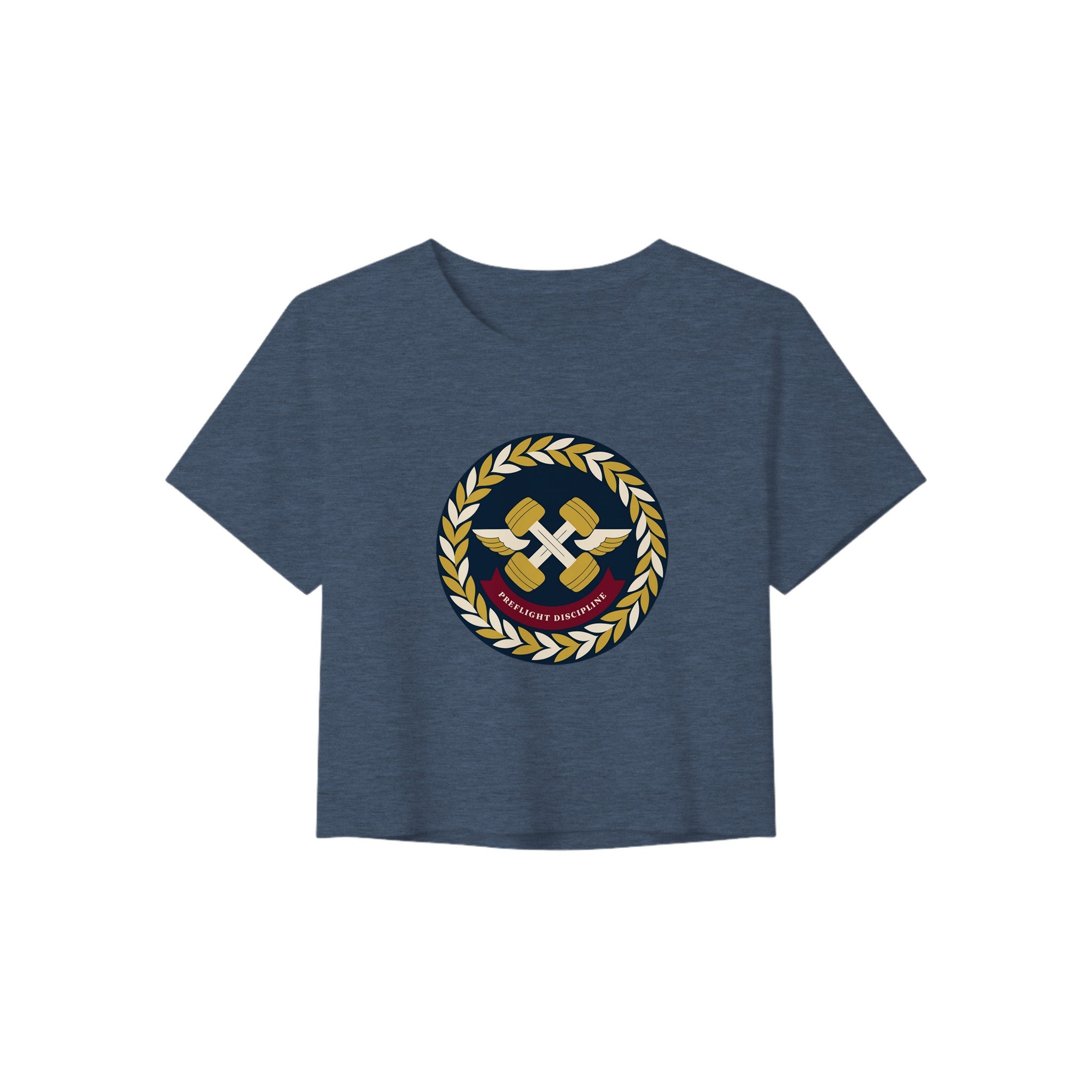 Preflight Discipline winged-dumbbell crest with laurel wreath on a women's crop tee by Dumbbells & Hotels — view 4 of 7