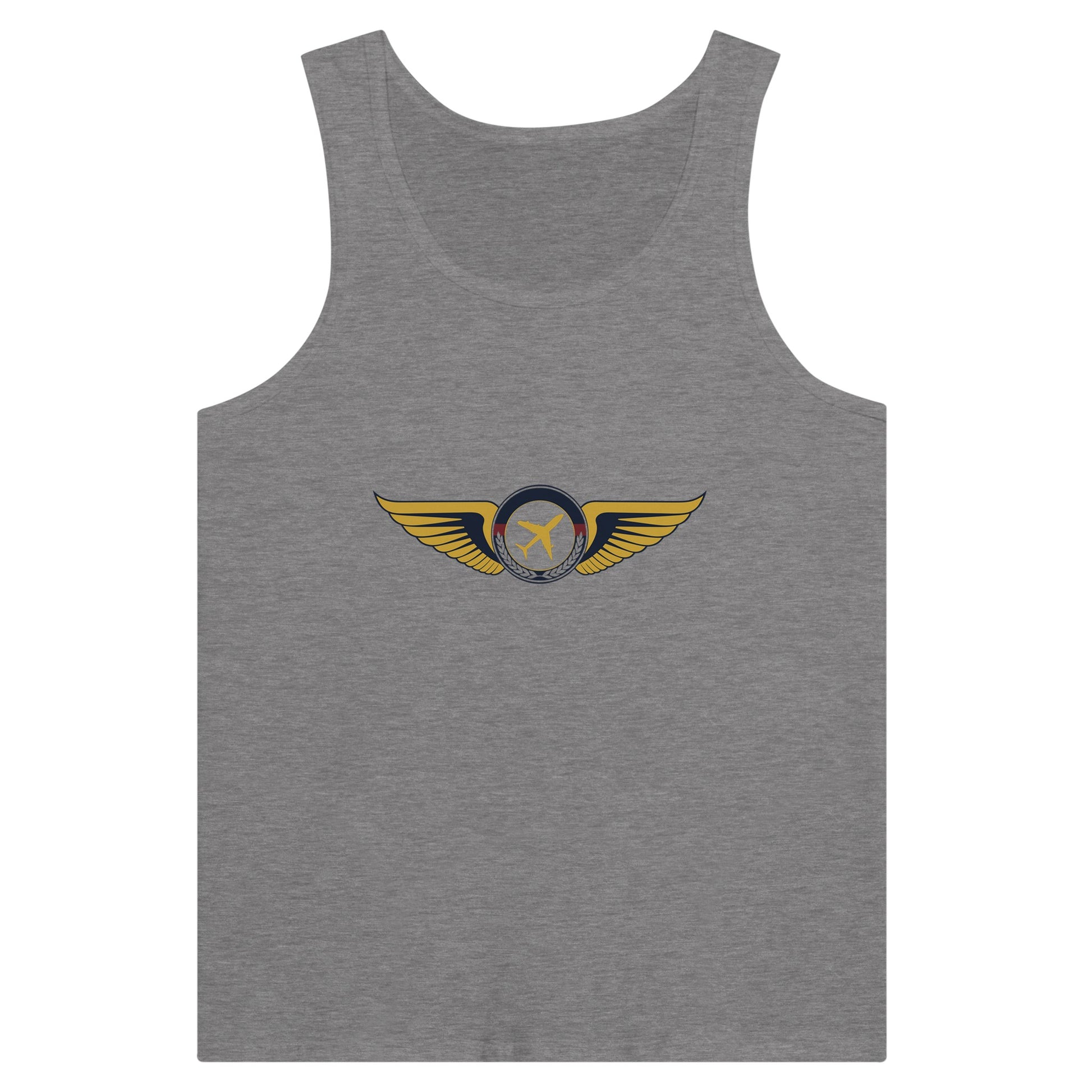Aviator Wings unisex premium travel tank top, flat lay 10 — Dumbbells & Hotels