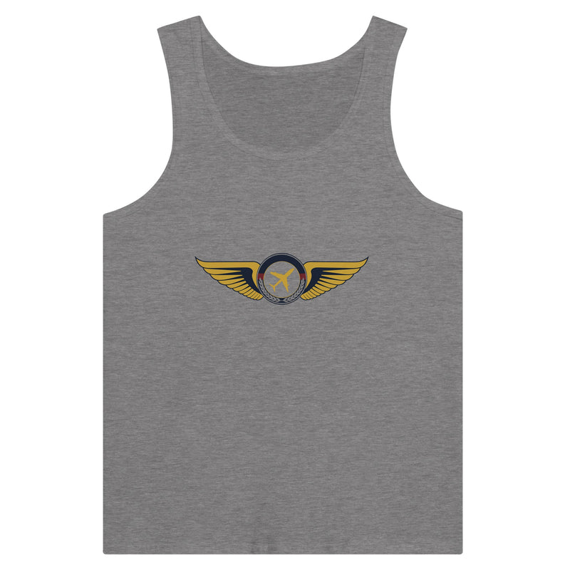 Aviator Wings unisex premium travel tank top, flat lay 10 — Dumbbells & Hotels