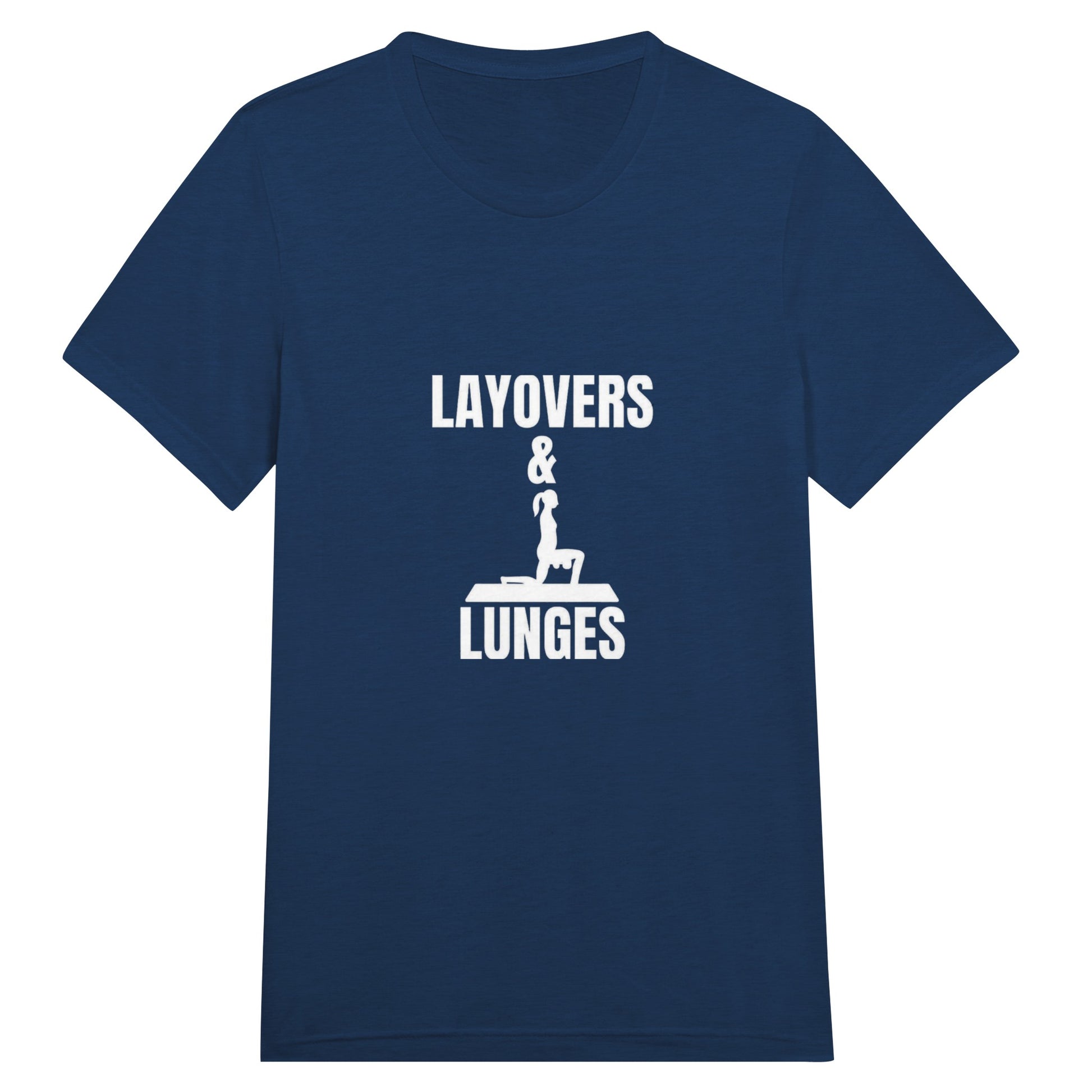 Layovers & Lunges travel gym tee in navy — wrinkle-resistant, layover-ready capsule-wardrobe staple designed by pilots for the hotel gym | Dumbbells & Hotels