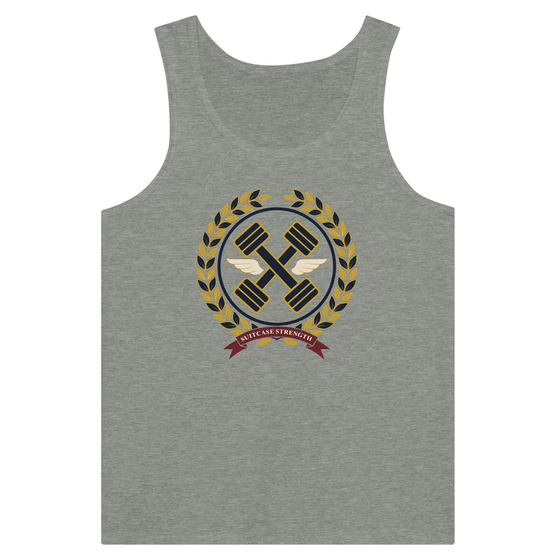 Suitcase Strength unisex premium tank top for travelling professionals, printed with a gold laurel-wreath crest with navy crossed dumbbells, cream aviator wings and a SUITCASE STRENGTH ribbon — product photo 1 of 18