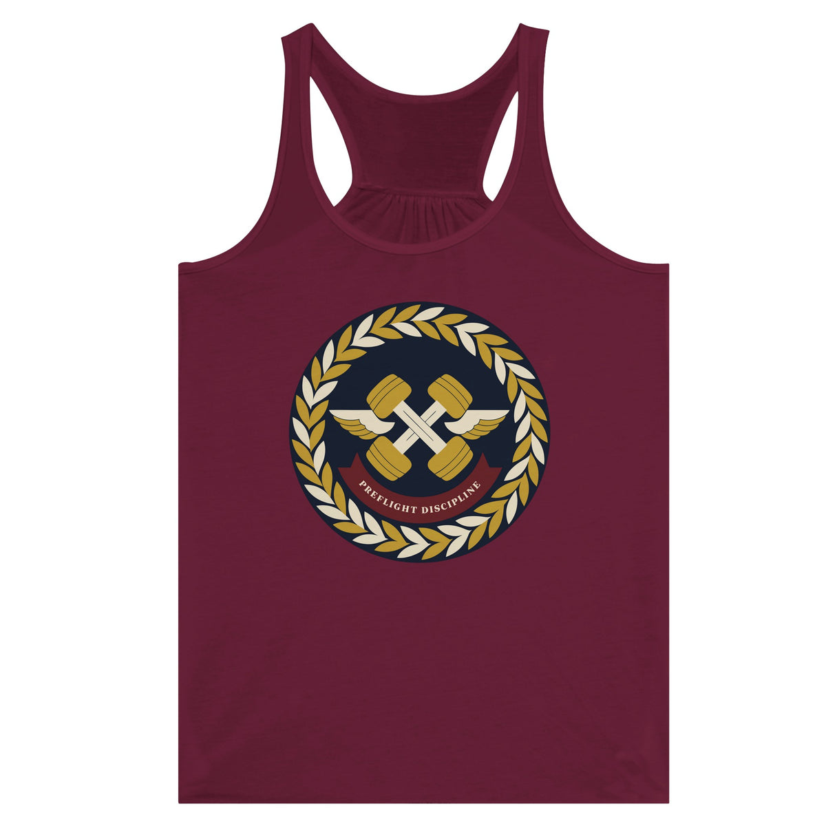 Preflight Discipline women's racerback tank for travelling professionals, printed with a laurel-wreath crest with crossed dumbbells, aviator wings and a PREFLIGHT DISCIPLINE banner — product photo 7 of 13