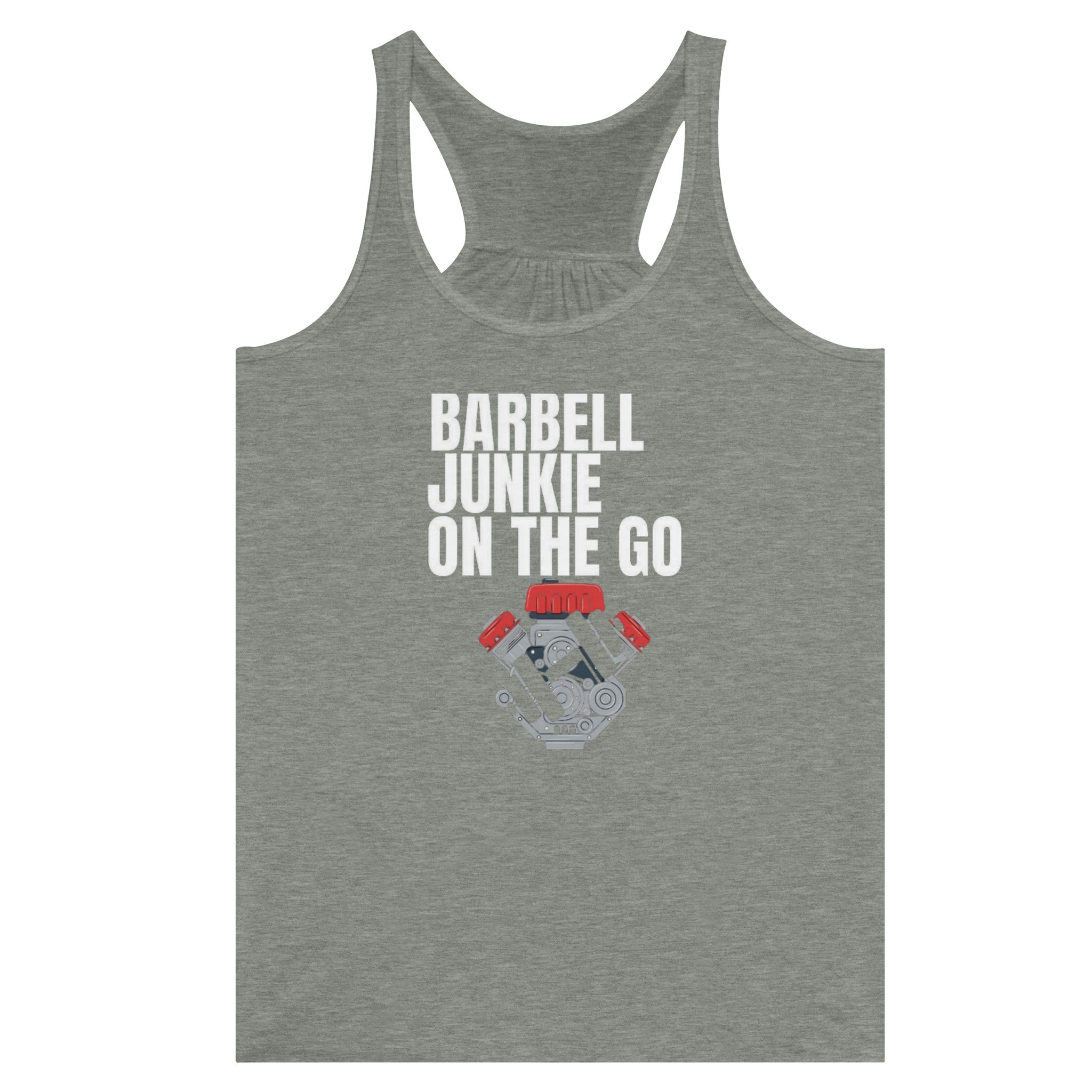 Barbell Junkie on the Go women's travel racerback tank by Dumbbells & Hotels — road warrior gym apparel