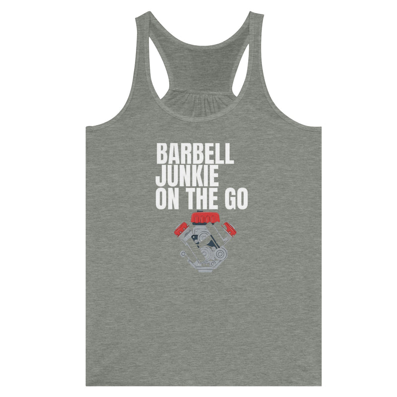Barbell Junkie on the Go women's travel racerback tank by Dumbbells & Hotels — road warrior gym apparel