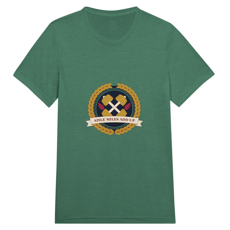 Aisle Miles Add Up frequent flyer travel tee, flat lay 8 — Dumbbells & Hotels