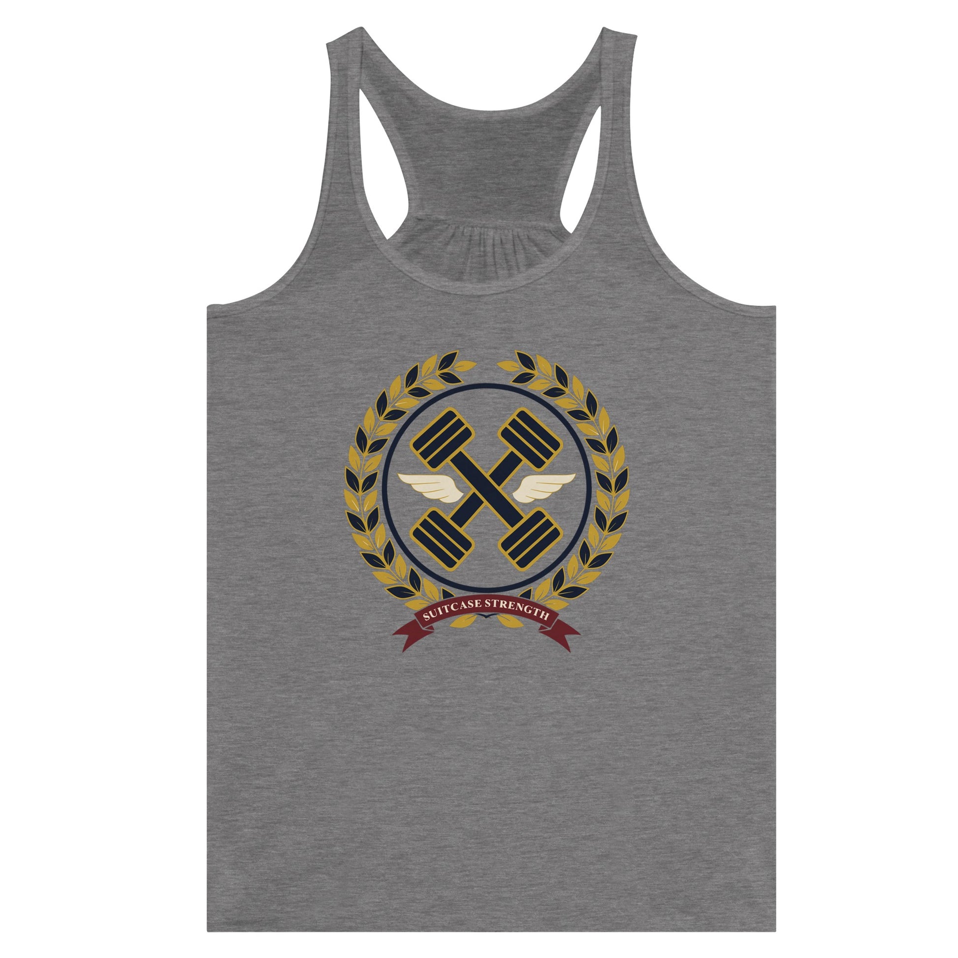Suitcase Strength women's flowy racerback tank for travelling professionals, printed with a gold laurel-wreath crest with navy crossed dumbbells, cream aviator wings and a SUITCASE STRENGTH ribbon — product photo 6 of 13