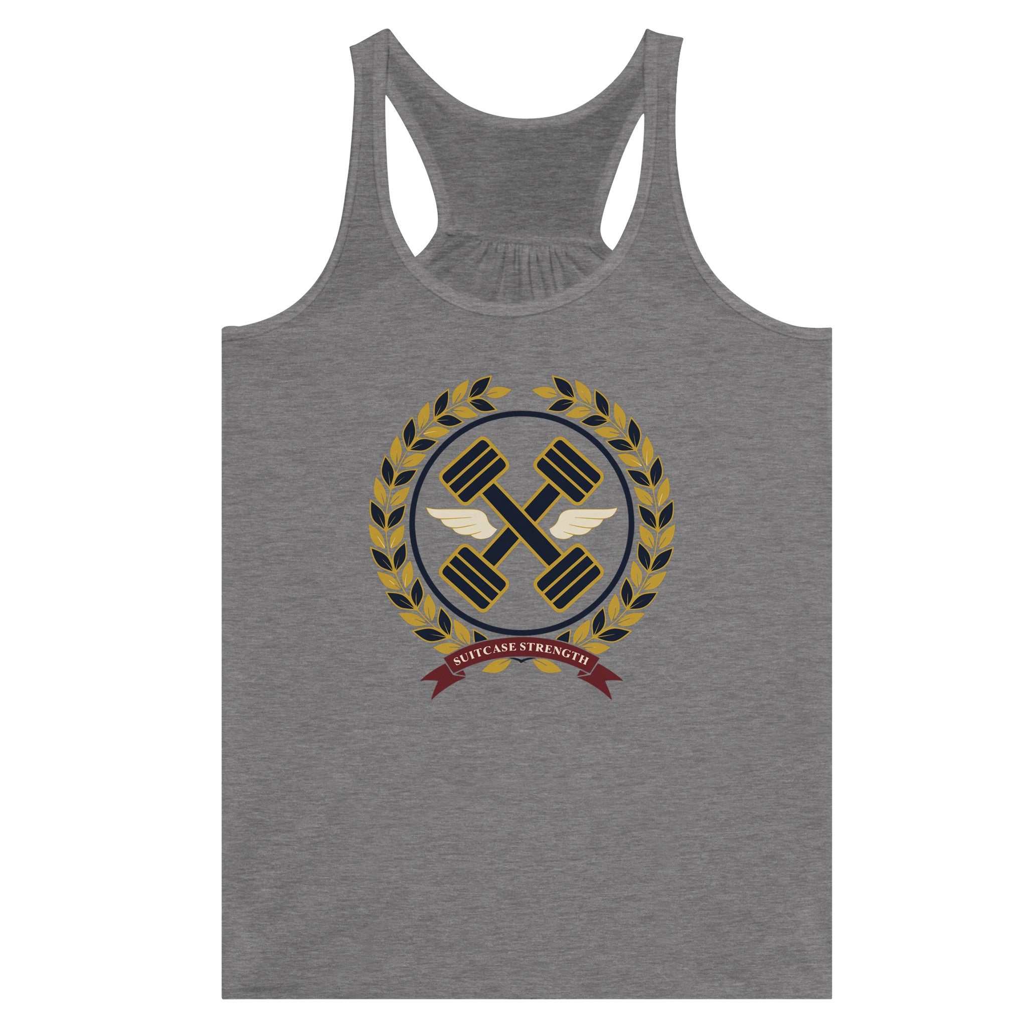 Suitcase Strength women's flowy racerback tank for travelling professionals, printed with a gold laurel-wreath crest with navy crossed dumbbells, cream aviator wings and a SUITCASE STRENGTH ribbon — product photo 6 of 13