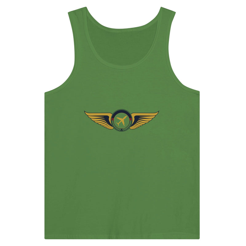 Aviator Wings unisex premium travel tank top, detail view 5 — Dumbbells & Hotels