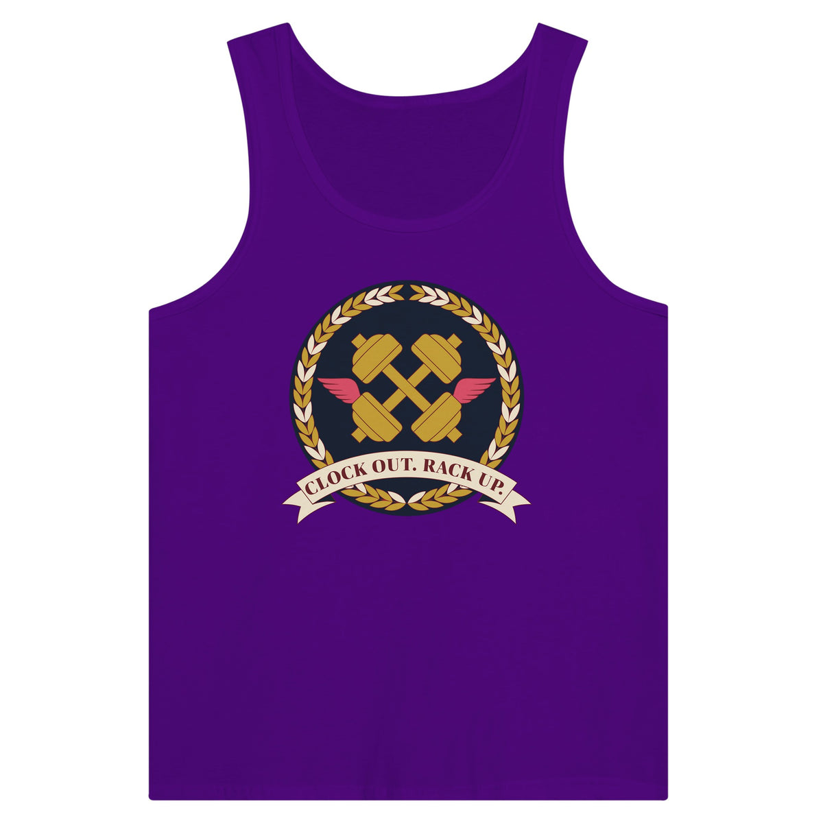 Clock Out. Rack Up. crest design on a Dumbbells and Hotels unisex tank top