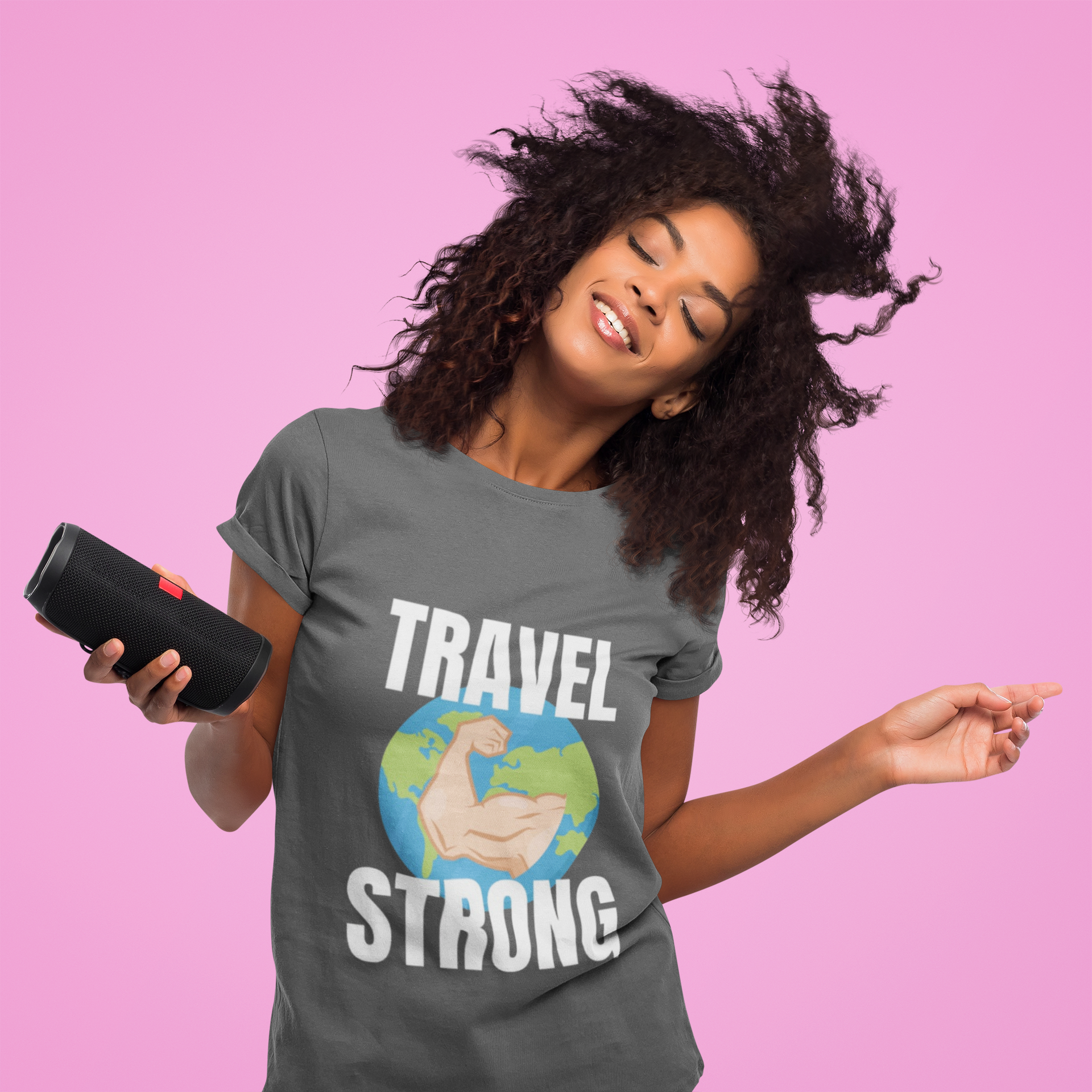 Studio portrait of the Travel Strong Unisex Tee in Charcoal — technical tailored fit for the road warrior