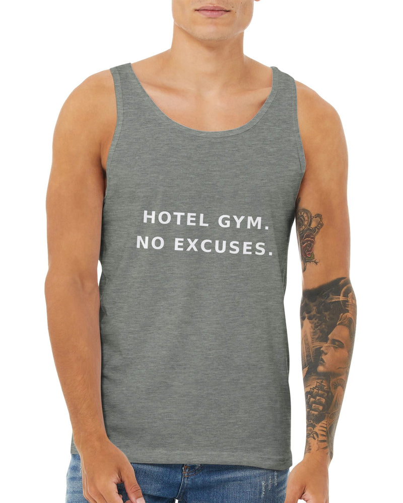 men's premium travel tank with white Hotel Gym. No Excuses. statement print for hotel gym sessions