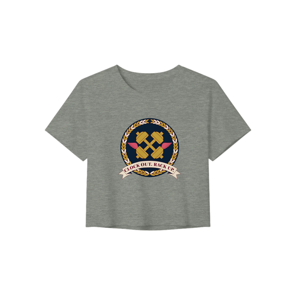 Clock Out. Rack Up. crest design on a Dumbbells and Hotels women's crop tee