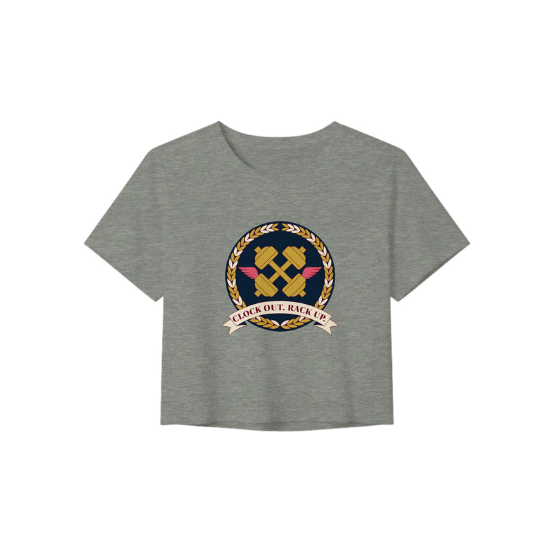 Clock Out. Rack Up. crest design on a Dumbbells and Hotels women's crop tee