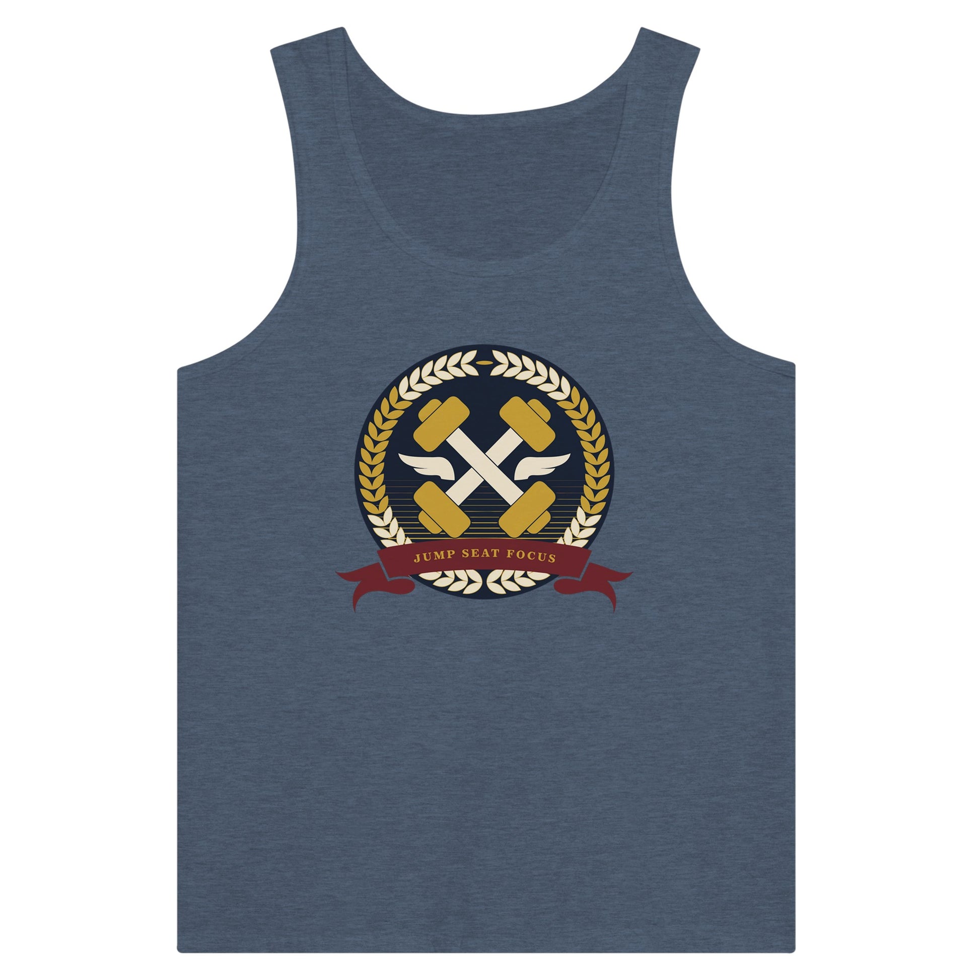 Dumbbells & Hotels unisex tank top with the Jump Seat Focus crest (gold laurel ring, crossed dumbbells over aviator wings, burgundy ribbon) - product shot 14 of 18