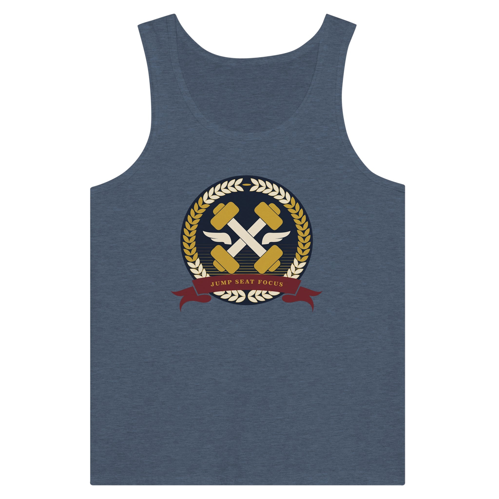 Dumbbells & Hotels unisex tank top with the Jump Seat Focus crest (gold laurel ring, crossed dumbbells over aviator wings, burgundy ribbon) - product shot 14 of 18