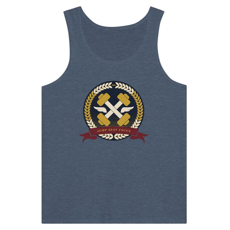 Dumbbells & Hotels unisex tank top with the Jump Seat Focus crest (gold laurel ring, crossed dumbbells over aviator wings, burgundy ribbon) - product shot 14 of 18