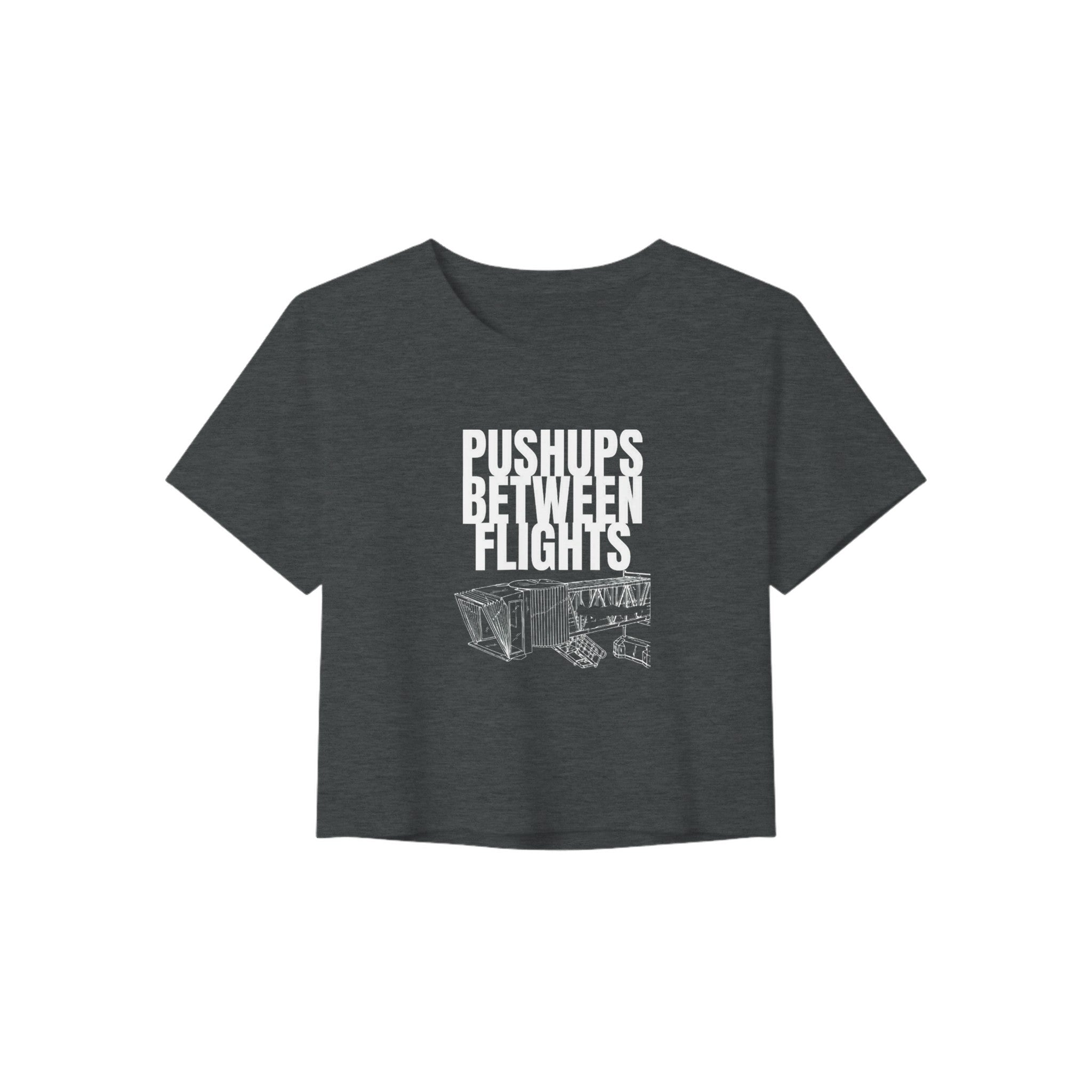 women's flowy travel crop tee with white Pushups Between Flights jet-bridge print, product view 2